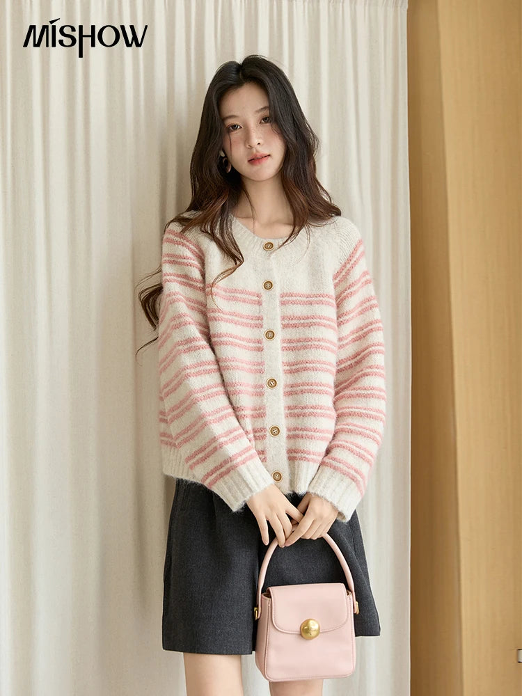 MISHOW Women's Pink Striped Cardigan 2025 Autumn Winter French Style Round Neck Wool Blended Sweater Loose Casual Top MXE49Z2615