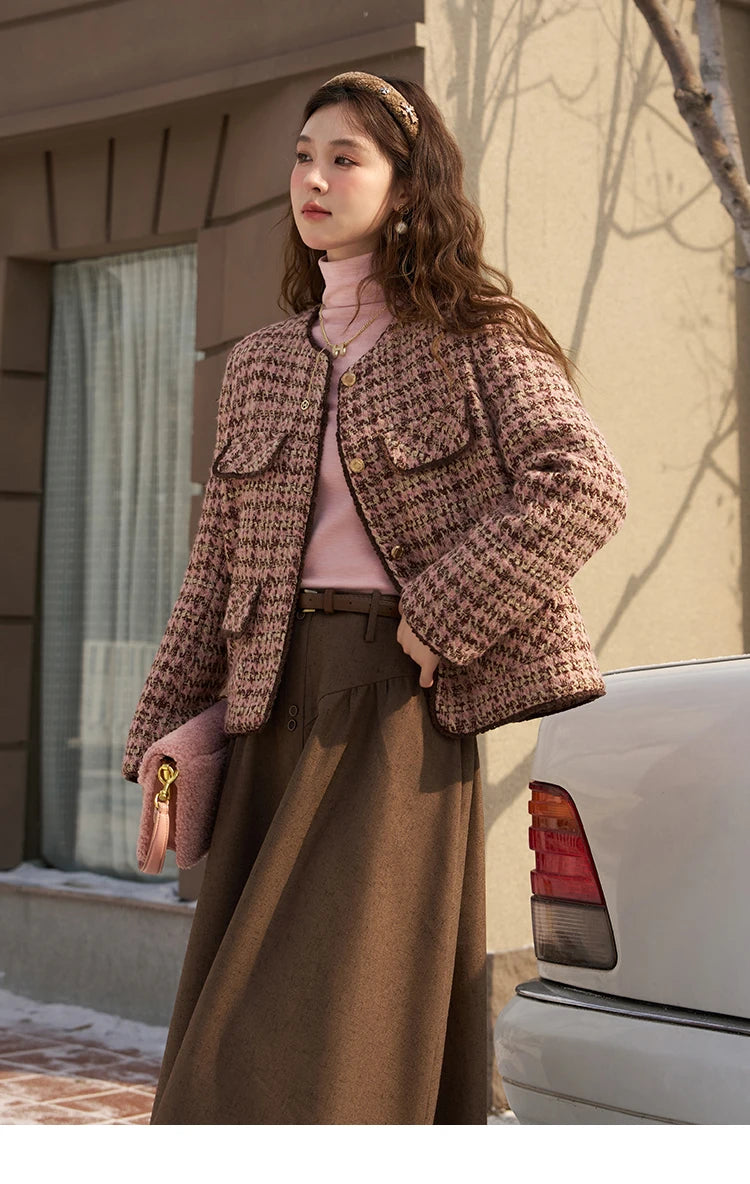 MISHOW Tweed Jacket for Women Luxury 2025 Winter Wool Blend Thick Coat High Quality Fashion Crew Neck Outerwear Top MXC57Y0021