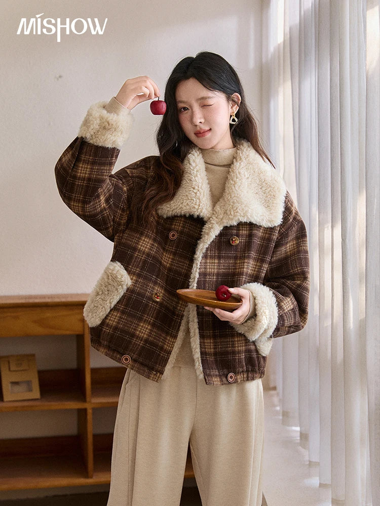 MISHOW Christmas Women's Retro Plaid Jacket 2025 Winter Large Lapel Tops Thickened Cotton-Padded Warm Short Coat MXE87W1004
