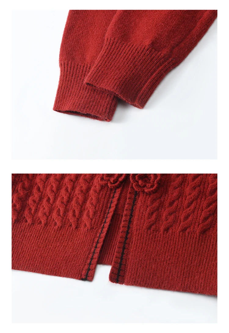 MISHOW Red Knitted Cardigan V-Neck Midi Dresses Separately A-LINE Temperament Grace Dress Flower Lace-up Warm Coat MXD58L2085