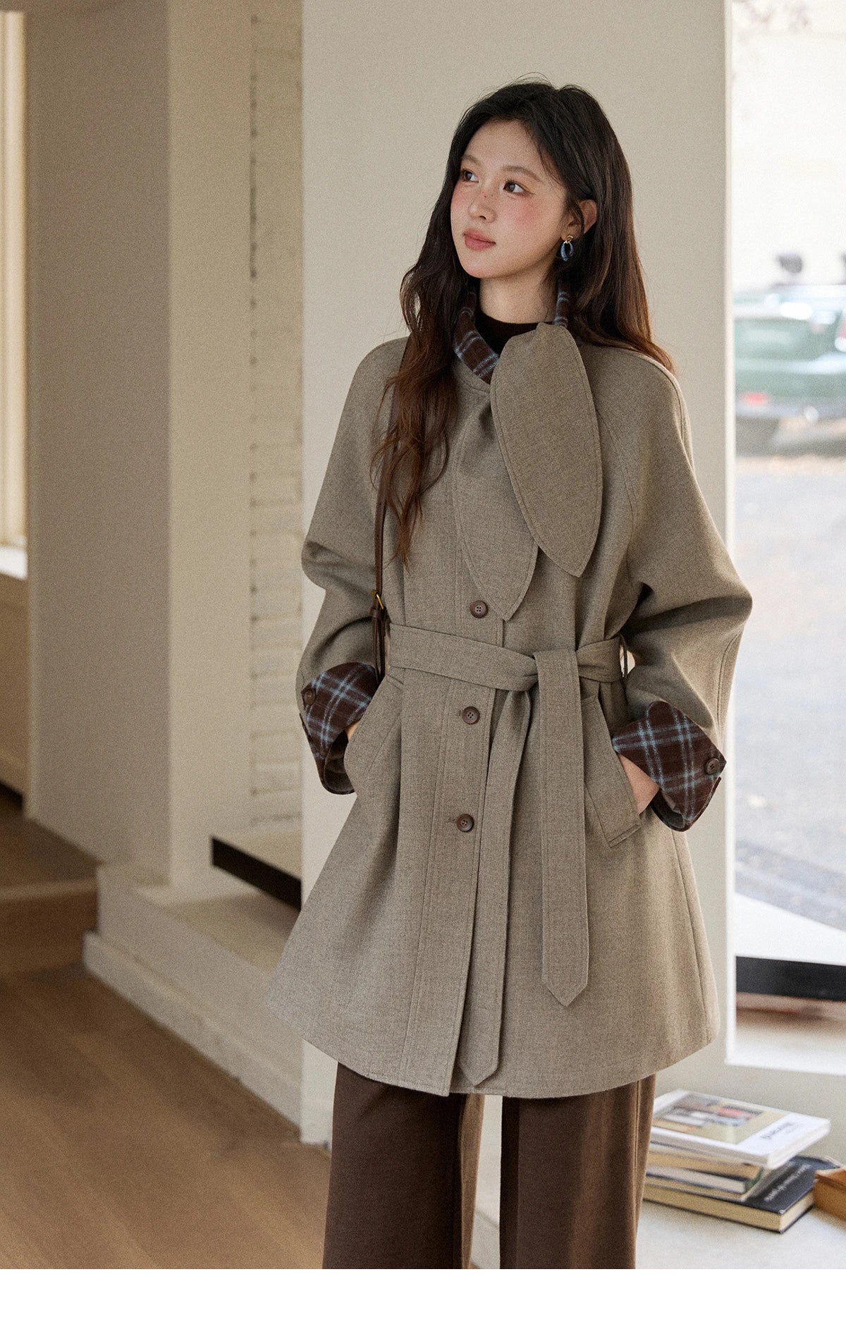 MISHOW Retro British Plaid Patchwork Woolen Coat Winter 2025 Rabbit Ear Tie Collar Waist Cinching Belt Woolen Coats MXE90W0924