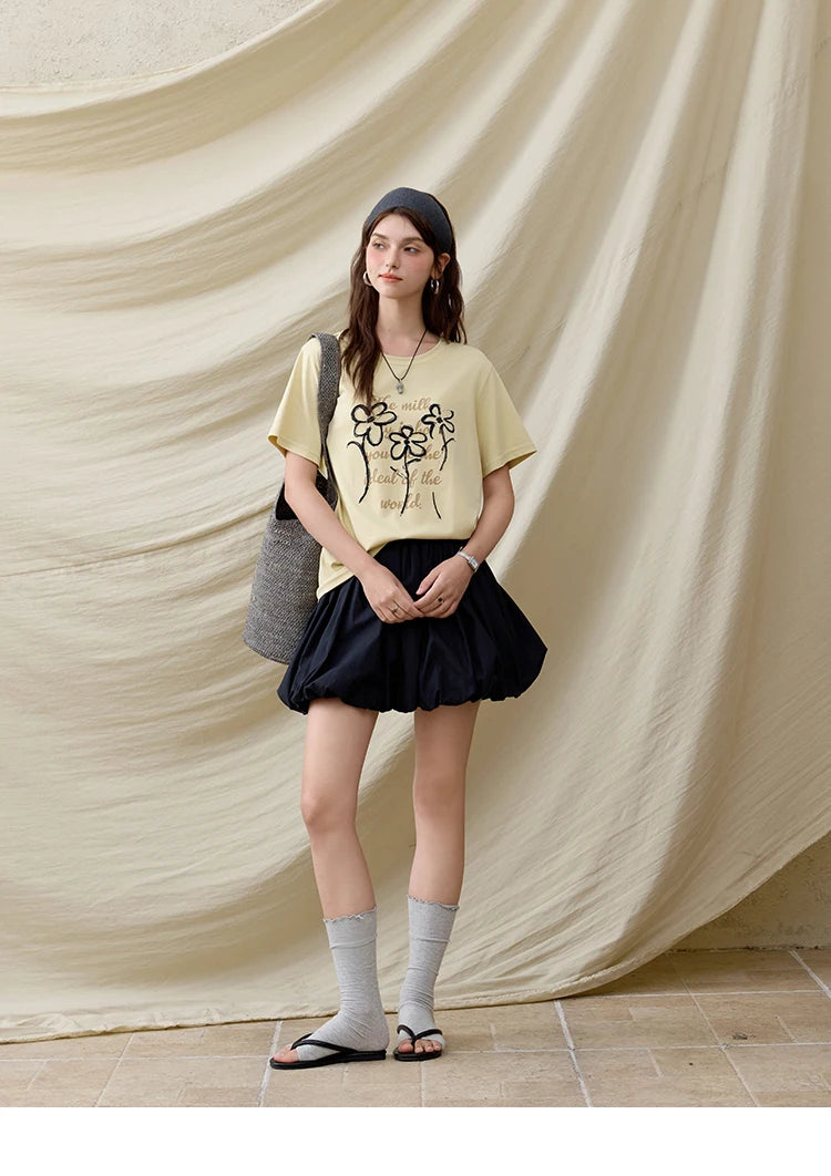 MISHOW Casual Print T-shirts Women Summer 2025 Short Sleeve Round Neck Embroidered Flower Shirt Female Loose Slimming MXE33T0498