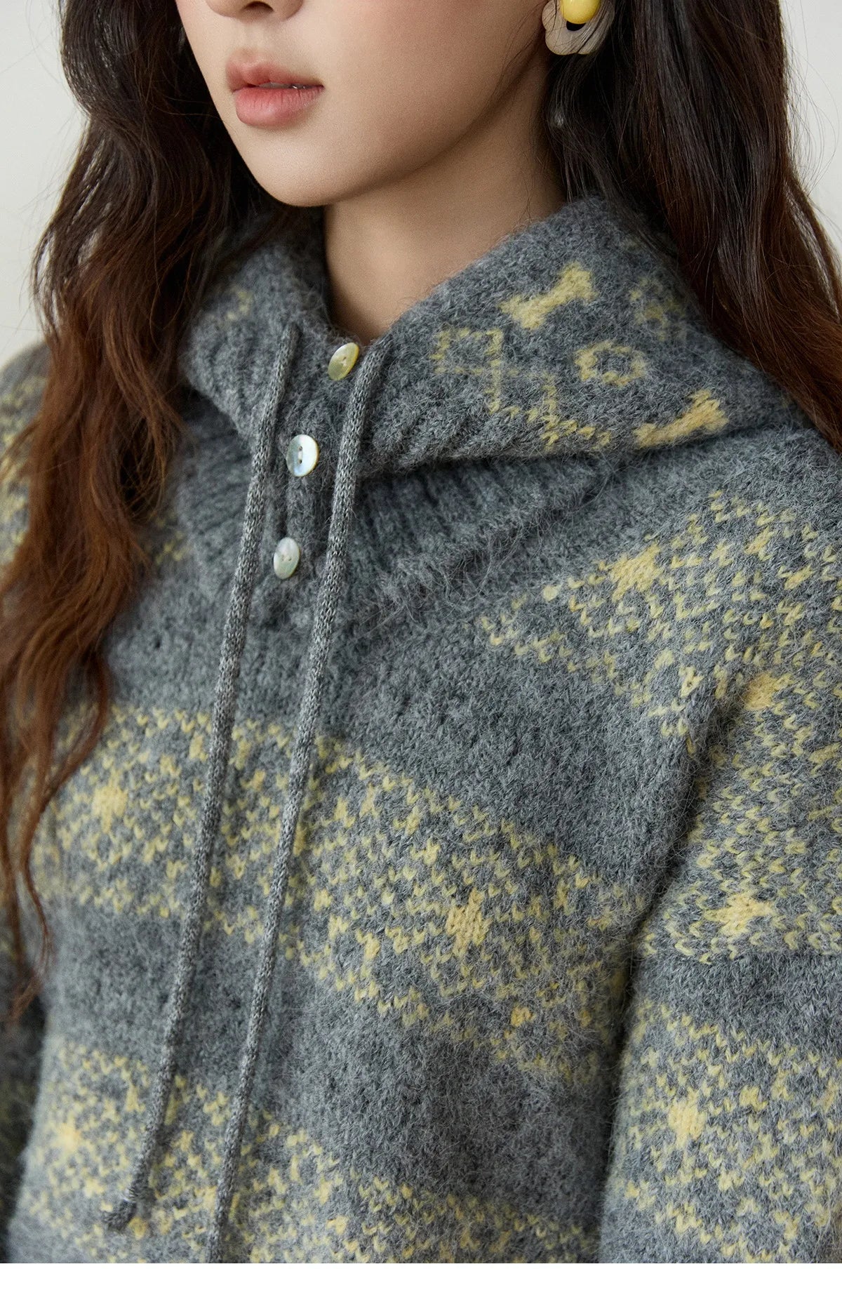 MISHOW Women's Fair Isle Knitted Sweater 2025 Winter V-neck Wool Blend Casual Tops Removable Hood Warm Loose Sweaters MXE94Z2979