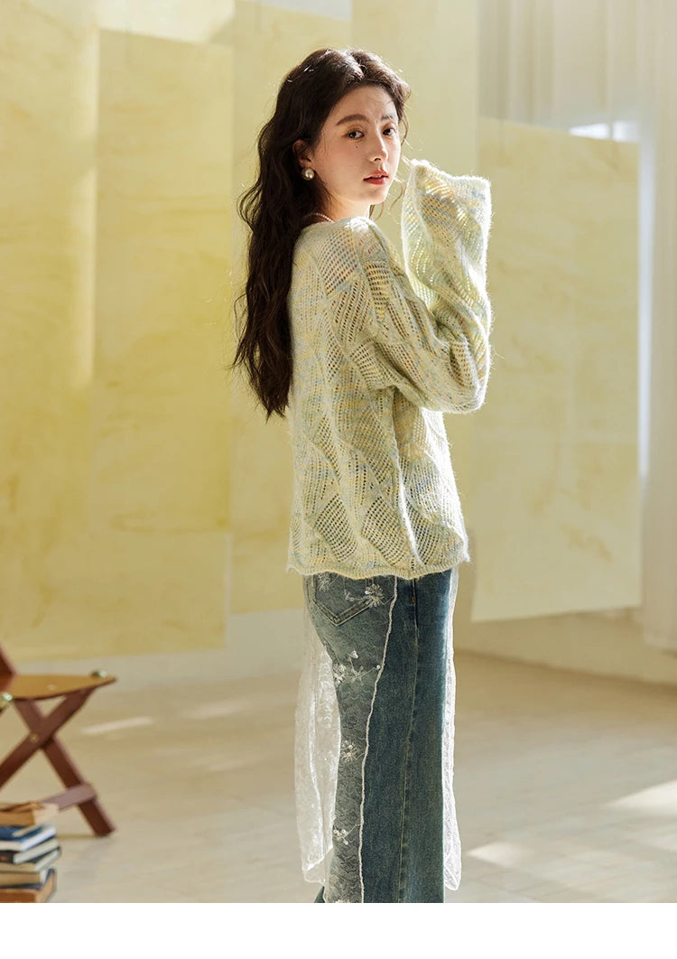 MISHOW Women's Hollow Knitted Sweater 2025 Spring Loose Thin Dropped Shoulder Top Wool O Neck Hem Wavy Edge Sweaters MXE14Z1208