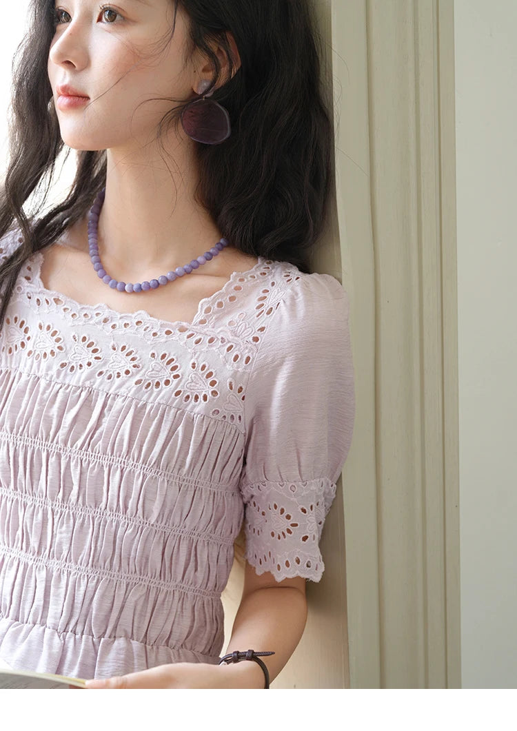 MISHOW Puff Sleeve Dress for Women 2025 Summer New Square Neck Fashion Lace Hollow Purple Dresses Female Clothing MXE39L2406