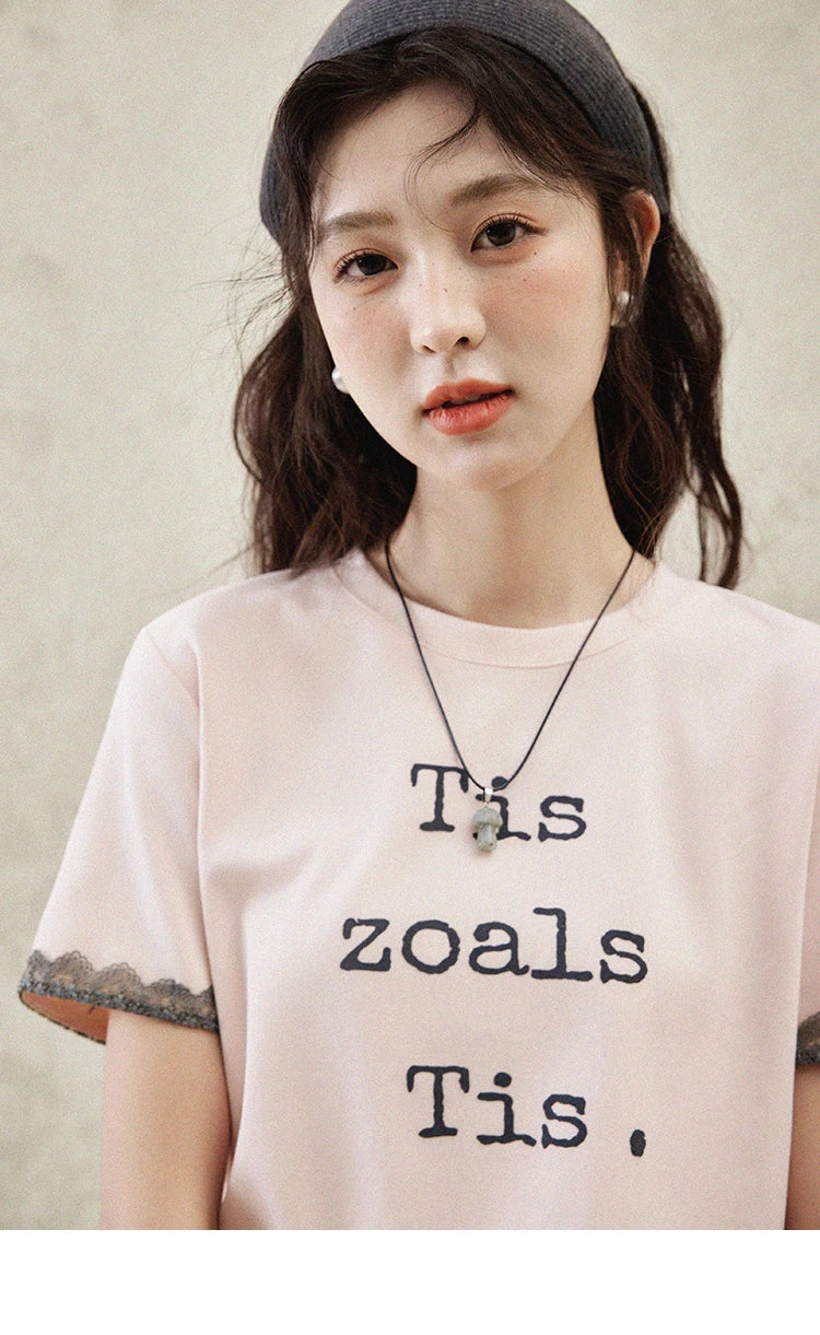 MISHOW Casual Pink Letter T-shrit Women Summer 2025 New Short Sleeve Round Neck Shirts Woman Fashion Lace Tops Lady MXE32T0529