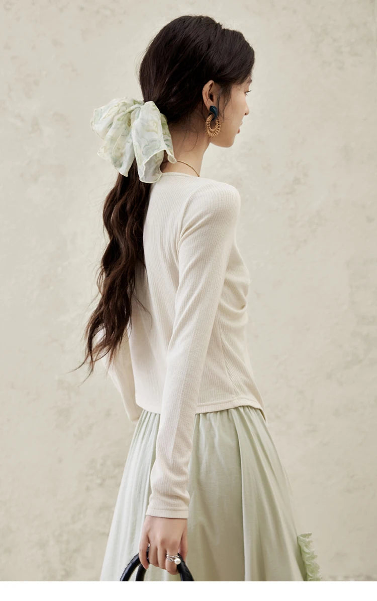 MISHOW Women's Fake Two Patchwork Knitted Spring 2025 Contrast Drawstring Strap Lace-up Tops Retro V-neck Thin Top MXE15Z1185