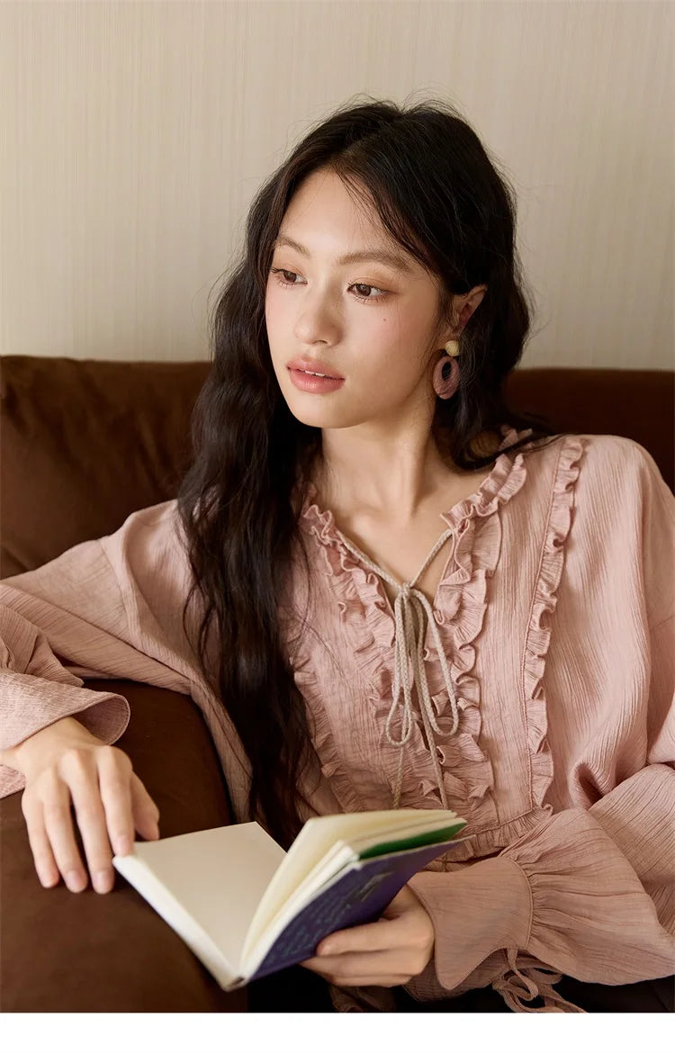 MISHOW Women's Pink Blouse 2025 Autumn Elegant Fold Edge V-collar Bubble Sleeve Top Loose Casual Commute Blouses MXE45X2485