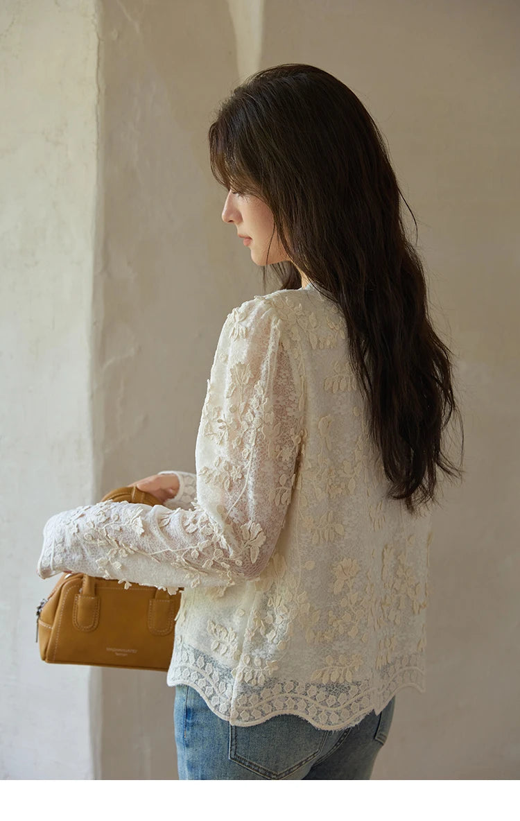 MISHOW Apricot Lace Jacquard Embroidered Shirt 2025 Autumn Black Fungus Edge Lace-up Vintage Commuter Top Office Lady MXE41X1927