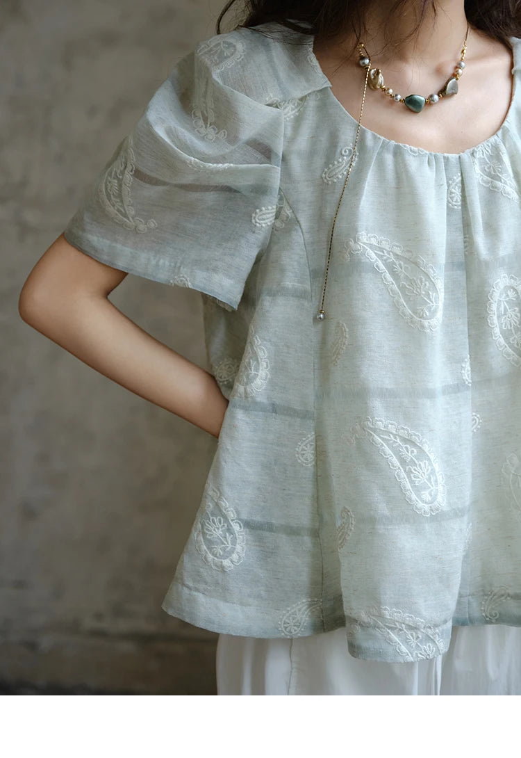 MISHOW O-Neck Blouse for Women 2025 Summer New Fashion Print Embroidery Puff Sleeve Loose Casual Top Ladies Clothing MXE34X1807