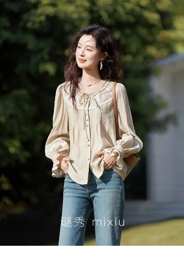 MISHOW Women's Floral Round Neck Shirts 2025 Spring Ruffled Collar Commuting Top Sweet Petal Sleeve Lace-up Shirts MXE14X1729