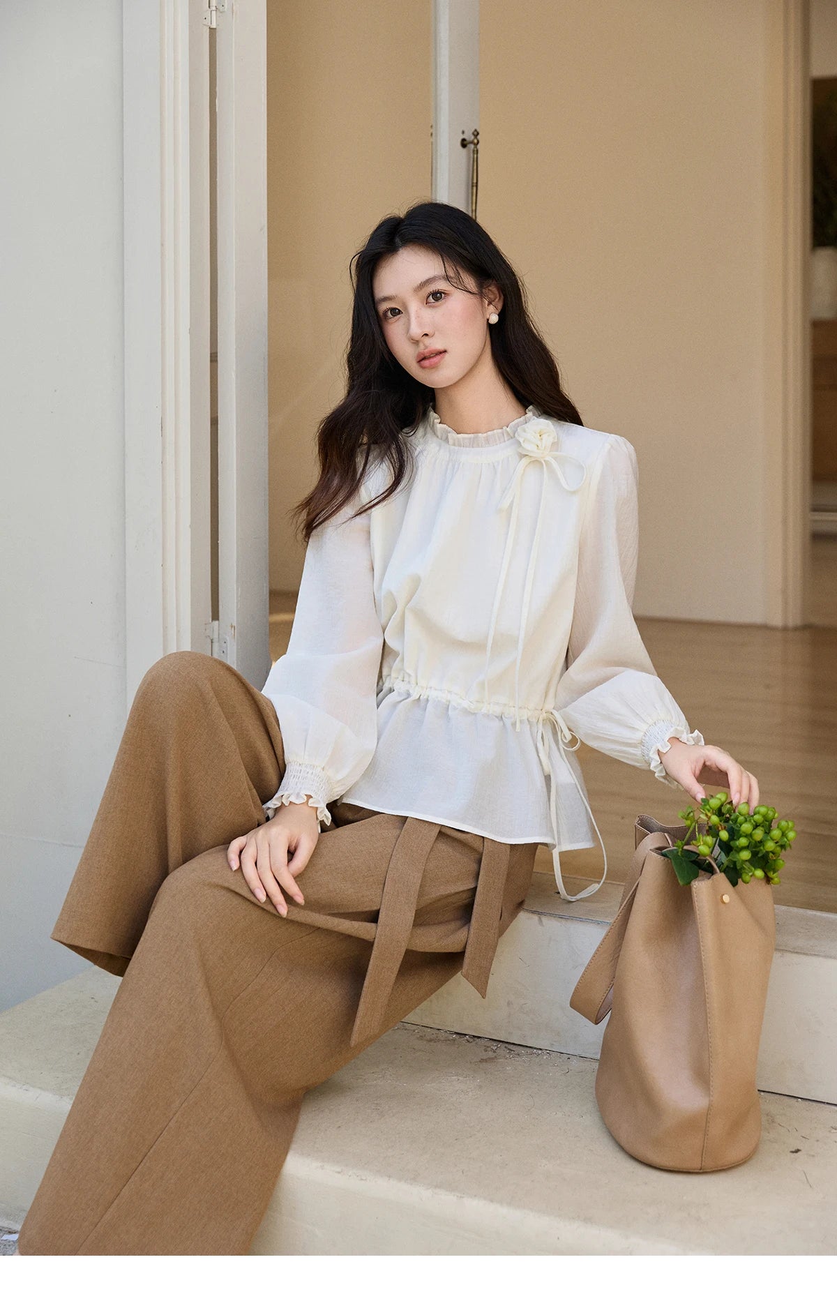 MISHOW Women's Ruffled Stand Collar Blouse 2026 Spring Flower Decor Apricot Blouses Drawstring Waist Puff Sleeve Top MXF11C2428