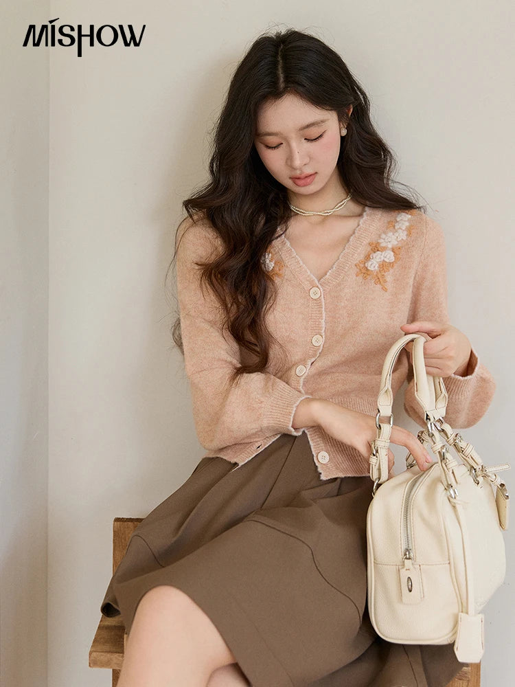 MISHOW Women's Floral Embroidery Knitted Cardigan 2026 Spring V-Neck Casual Short Tops Elegant Slim Knitted Sweater MXF11Z2917
