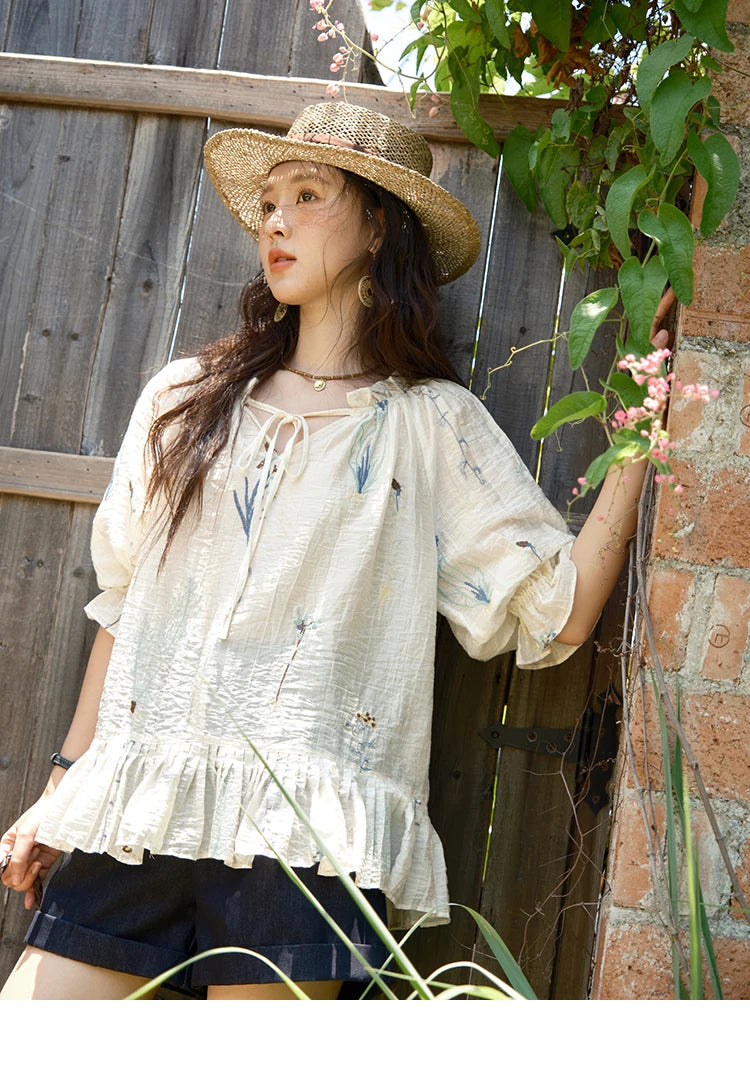 MISHOW Women's V-neck Lace Up Blouse 2025 Summer New Fashion Embroidery Mushroom Edge Commute Top Women's Blouse MXE39X1959