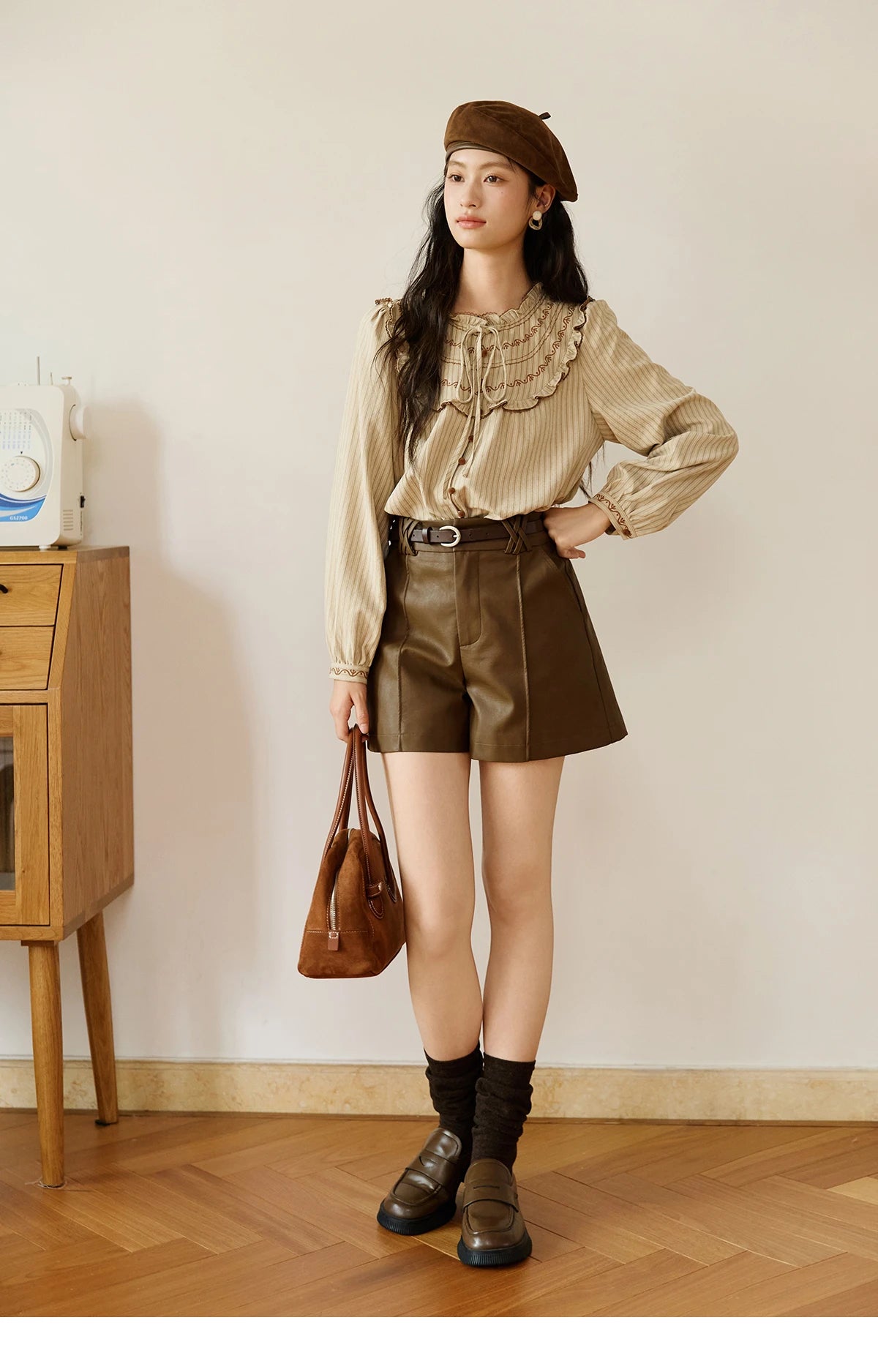 MISHOW Striped Shirt for Woman 2025 New Retro Wood Ear Edge Round Neck Embroidery Top Korean Popular Clothes Autumn MXE46X2492