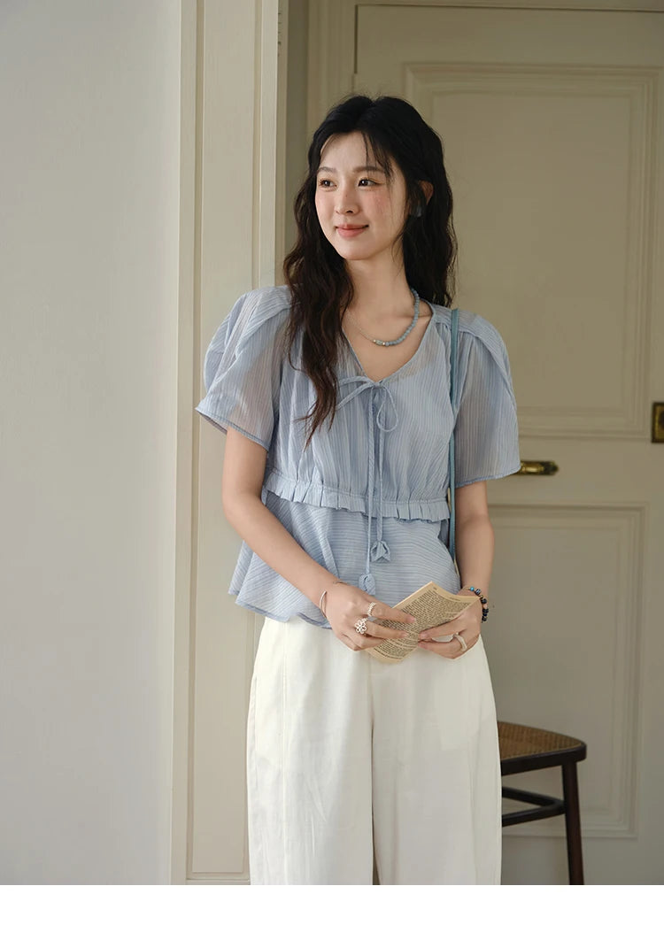 MISHOW Women's Fashion V-neck Blouse Summer 2025 New Splicing Button Commut Ladies Lace Up Casual Short Sleeve Top MXE34X1821