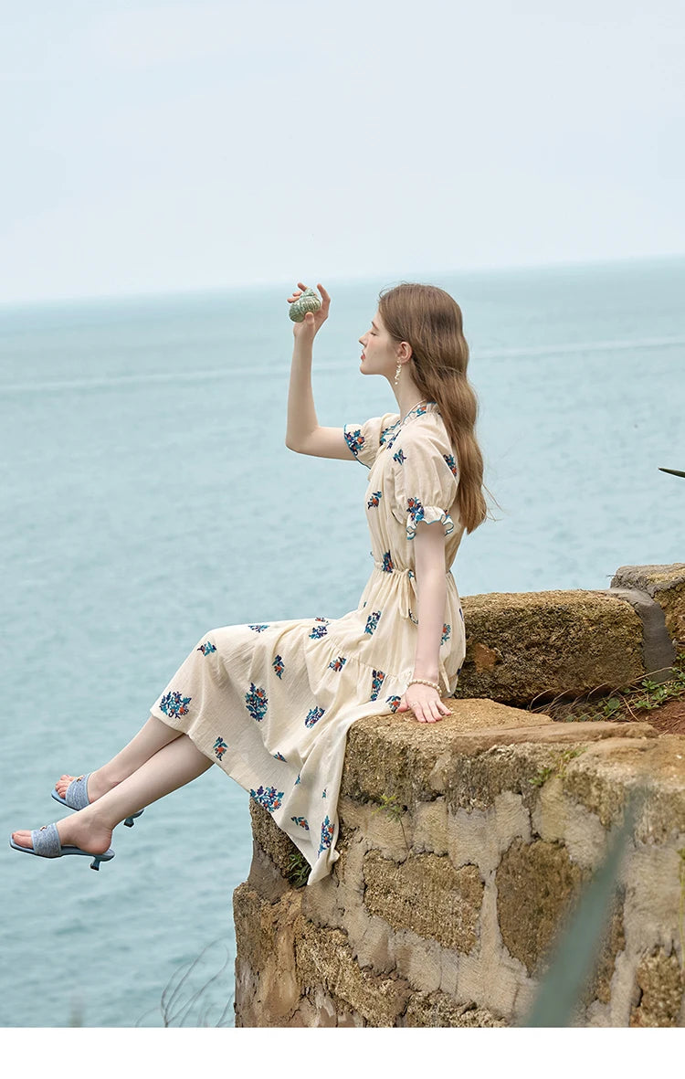 MISHOW French Romantic Dress 2024 Summer Women Embroidered Flower Fairycore Dresses Elastic Waist Drawstring Dress MXD24L1835