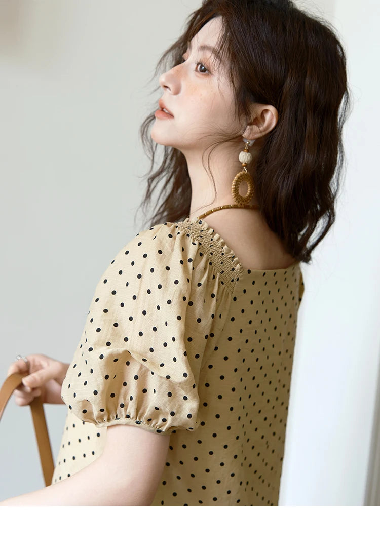 MISHOW Women's Polka Dot Puff Sleeve Blouse 2025 Summer New Ladies Button Retro Sweet V-neck Top Women's Clothing MXE37X1859