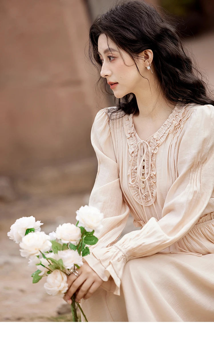Mishow Pink Fungus Edge V-Neck Lace-Up Dress MXE11L2087
