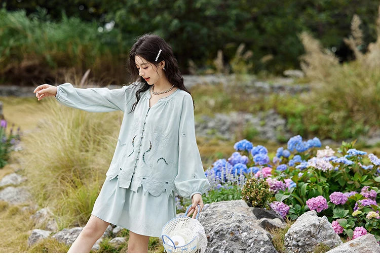 MISHOW Women's Sweet Blouses A-line Skirts Set Vintage Hollow Out Embroidery Loose Shirt Solid Skirt Two-piece Set MXE12T0455