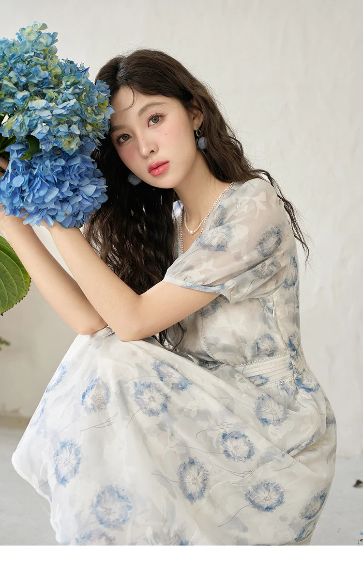 MISHOW 【Taraxacum Series】Chiffon Dress for Women 2023 Summer French Taraxacum Printing V-neck Waist Puff Sleeve Dress MXC39L1555