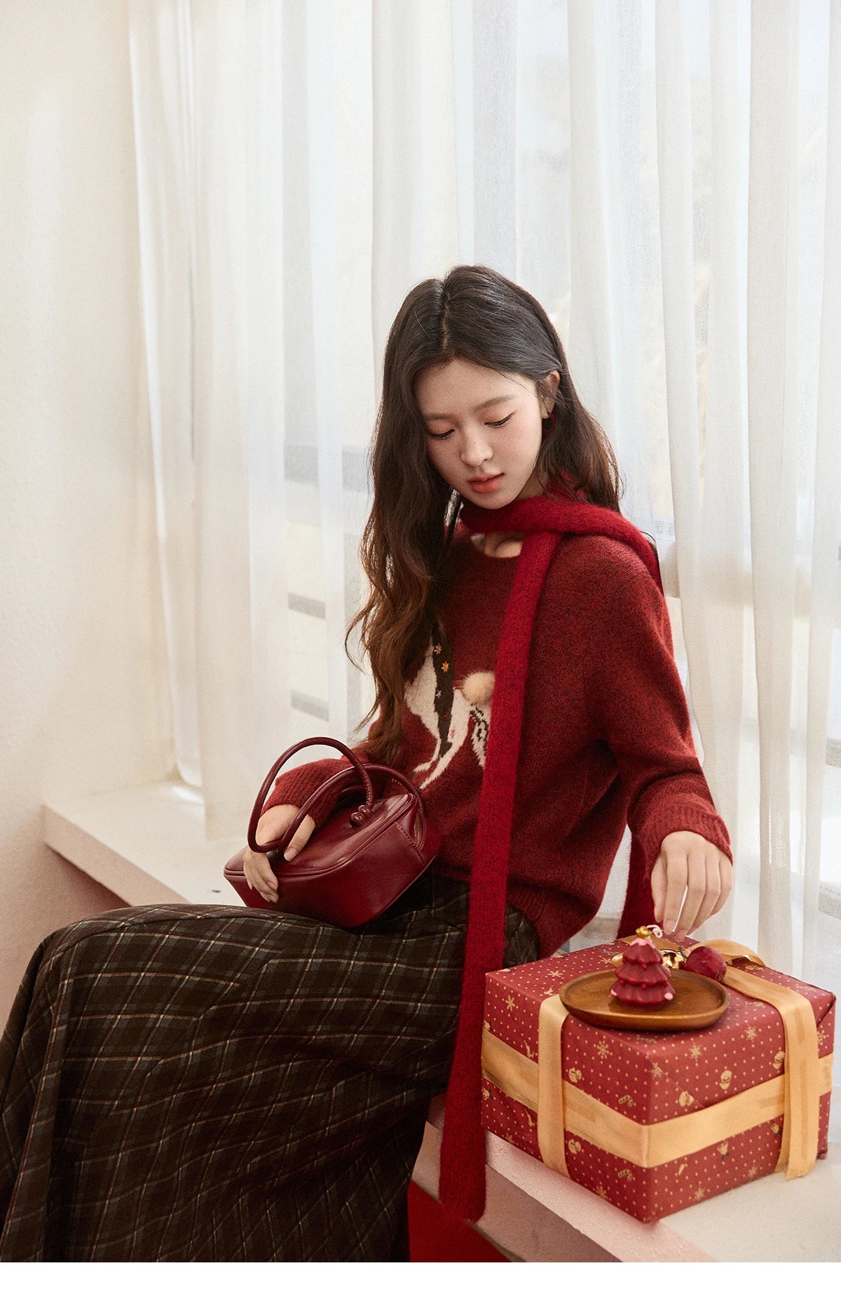 MISHOW Women's Christmas Red Jacquard Embroidered Pony Sweater 2025 Winter Thick Knitted Tops (Scarf Not Included) MXE94Z2861