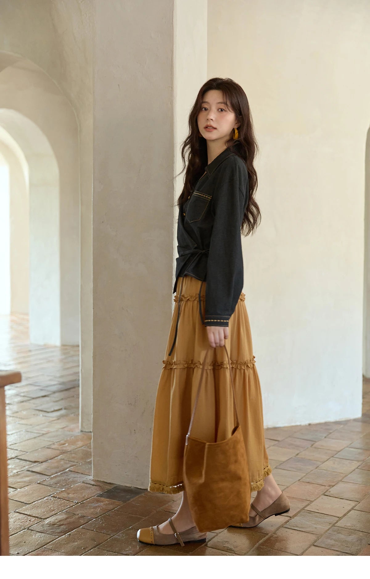 MISHOW Retro Orange 100 Lyocell Skirt 2025 Autumn Black Fungus Edge A-line Skirts Elastic High Waist Hem Tassel Skirt MXE42B2386