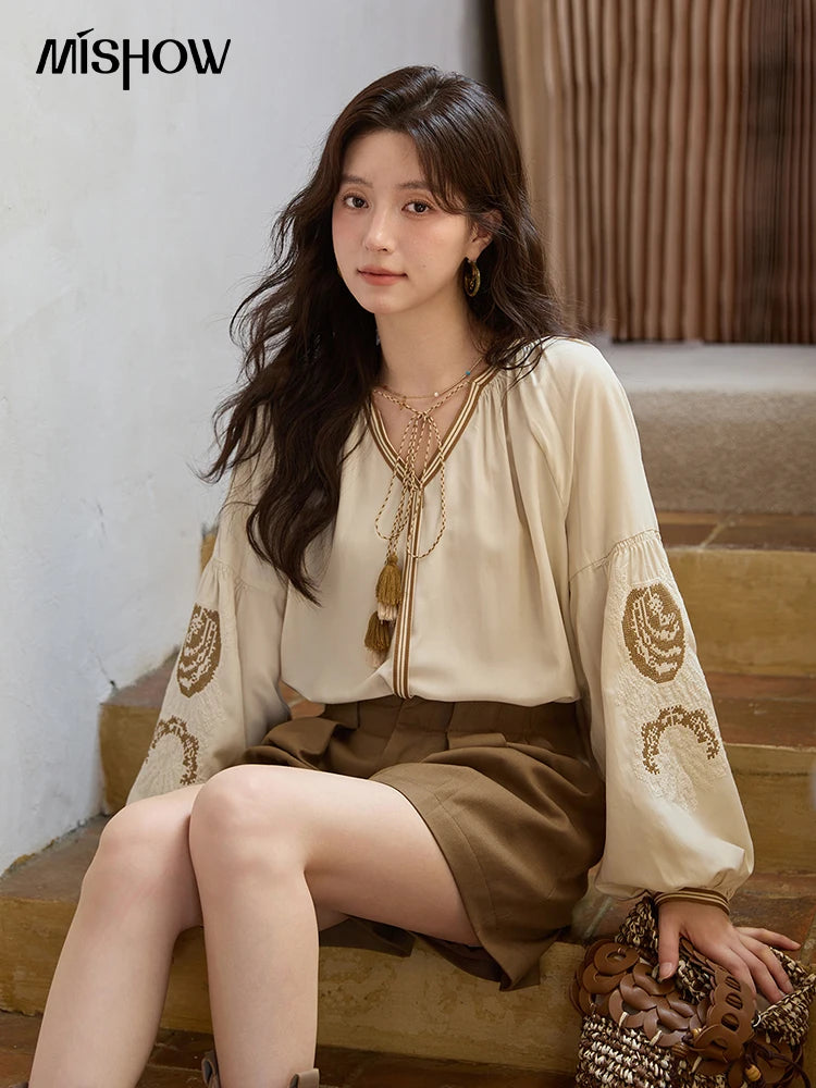 MISHOW Autumn Apricot Embroidered Blouses 2025 Contrasting Tassels Lace Up Blouses Lantern Sleeves Loose Vintage Top MXE41X1940