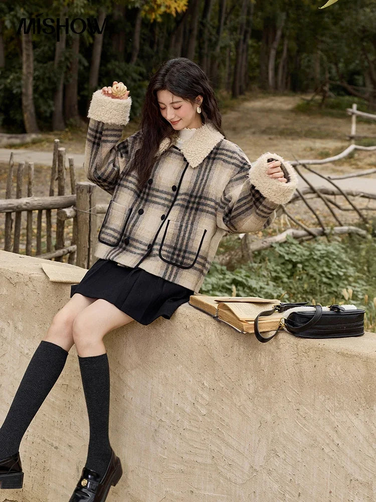MISHOW Retro Plaid Tweed Jacket Women Double-breasted Long Sleeved 2024 Winter New Fashion Lamb Wool Lapel Loose Coat MXD56W0536