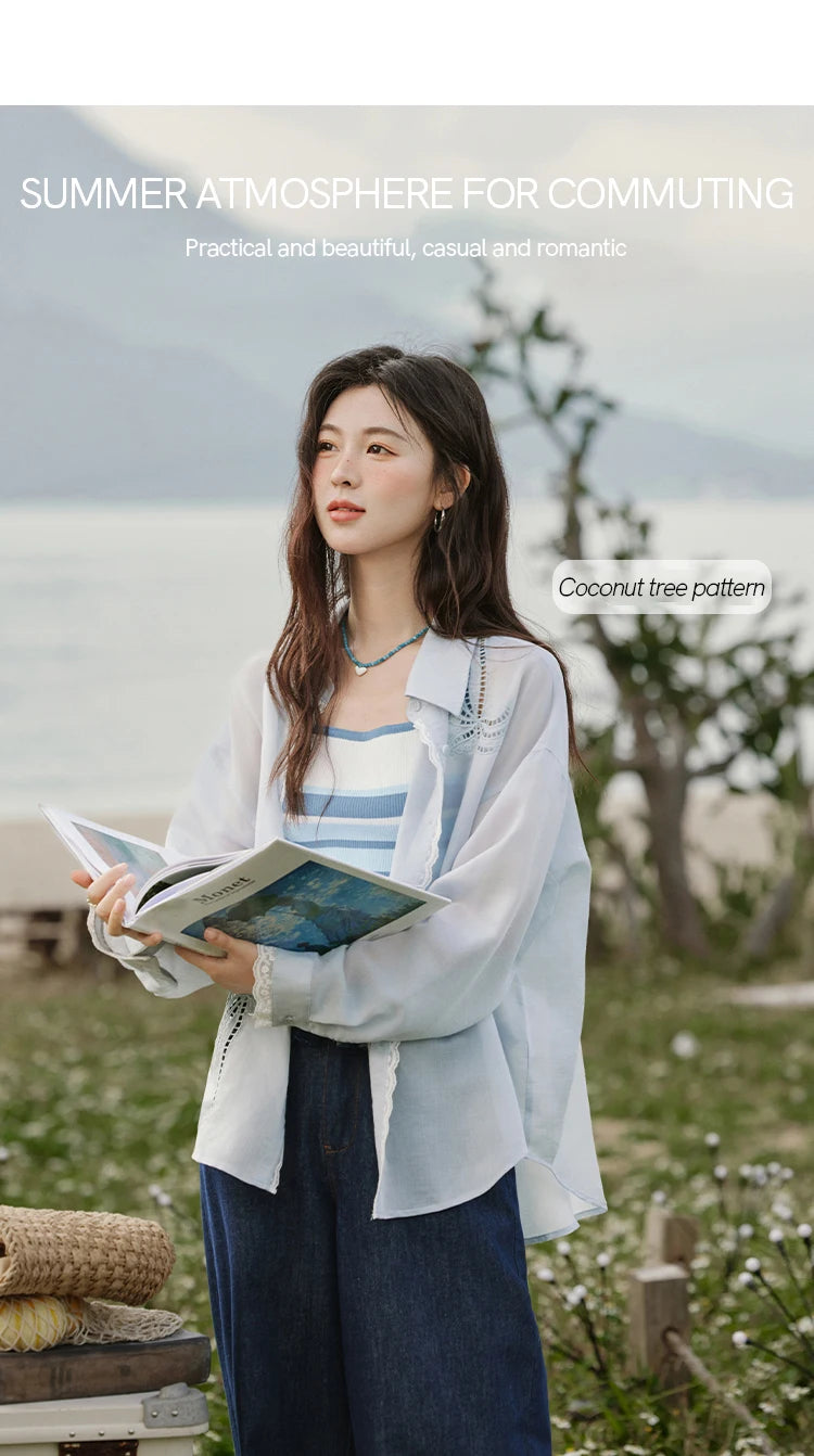 MISHOW Blue Office Lady Shirts Women 2025 Summer New Round Neck Long Sleeve Hollow Embroidery Blouses Female Fashion MXE31C0775