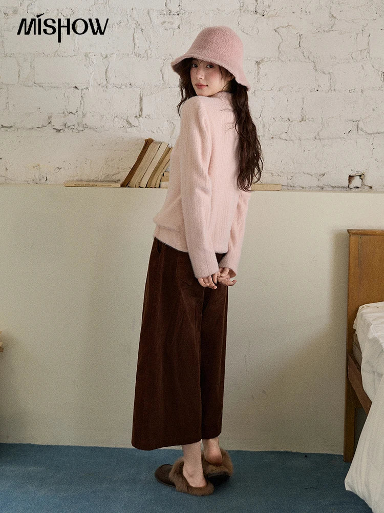 MISHOW Woman Yellow Cardigan 2025 Winter Imitation Mink Fur Knitted Cardigan Turn-down Collar Long Sleeves Soft Top MXE89Z2671