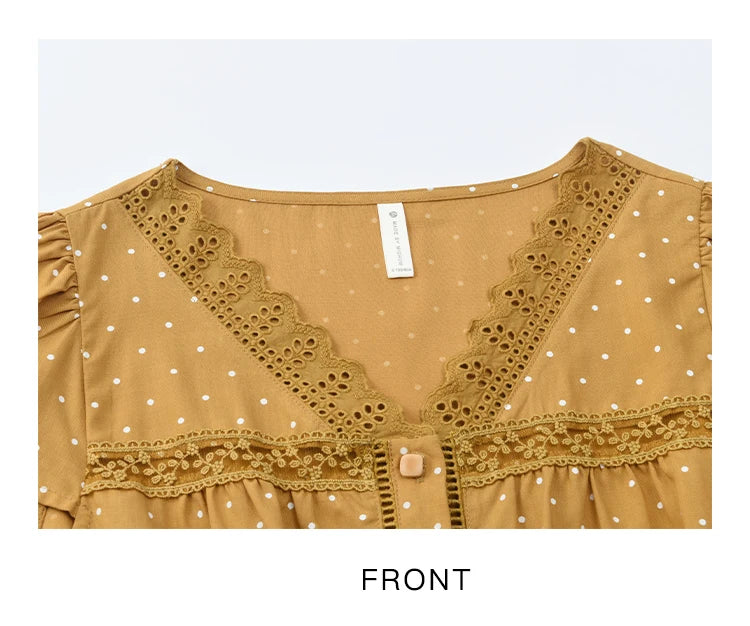 MISHOW Women's V-neck Lace Splicing Blouse 2025 Summer New Ladies Fashion Polka Dot Hollow Ruffle Button Female Top MXE38X1847