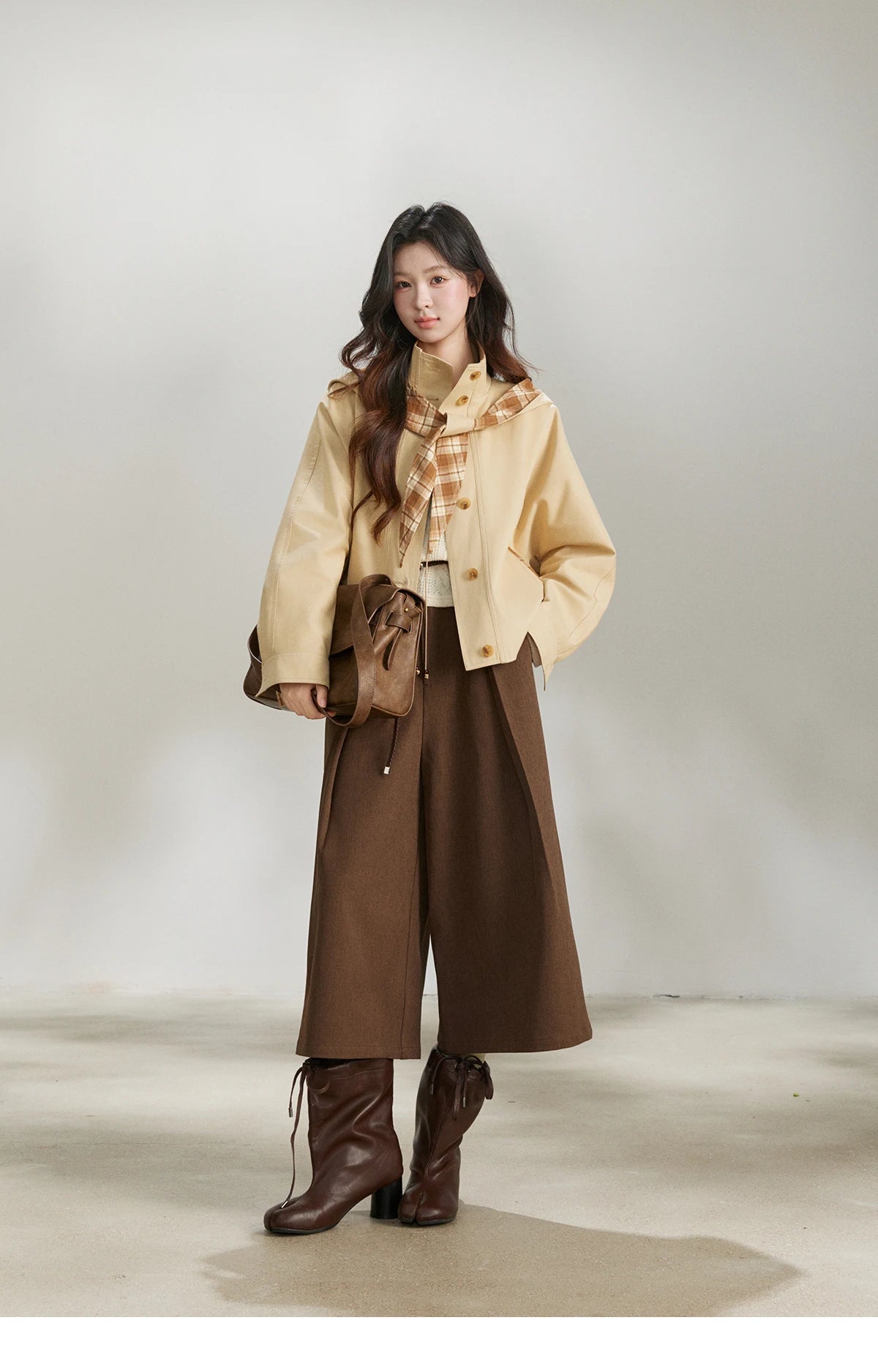 MISHOW Women's Khaki Cropped Trench Coat Spring Lapel Stand Collar Coats Removable Plaid Cap Casual Loose Jacket MXF108W1003
