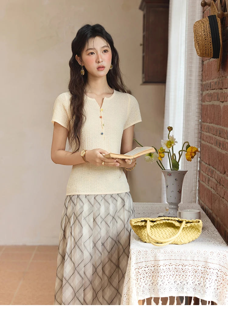 MISHOW Apricot Green Retro Plaid Skirt for Women Summer 2025 Pleated Chiffon High Waist Elegant Slim A-line Skirts MXE35B0747