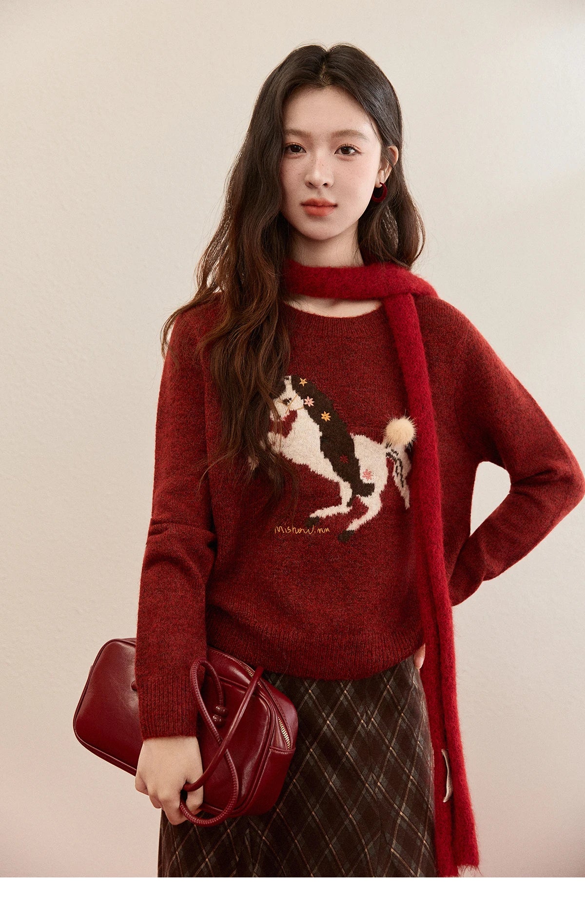 MISHOW Women's Christmas Red Jacquard Embroidered Pony Sweater 2025 Winter Thick Knitted Tops (Scarf Not Included) MXE94Z2861