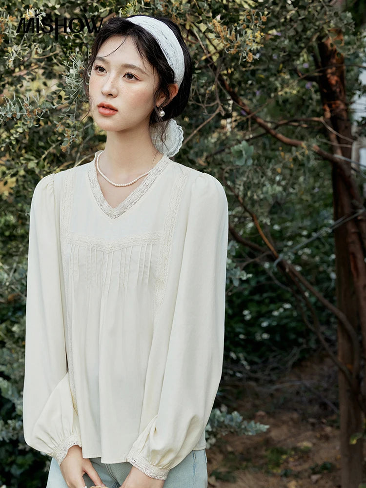 MISHOW Women's Lyocell Blouse 2025 Spring Summer Lace V-neck Commuting Top Puff Sleeve Solid Loose Blouse Office Lady MXE15X1735