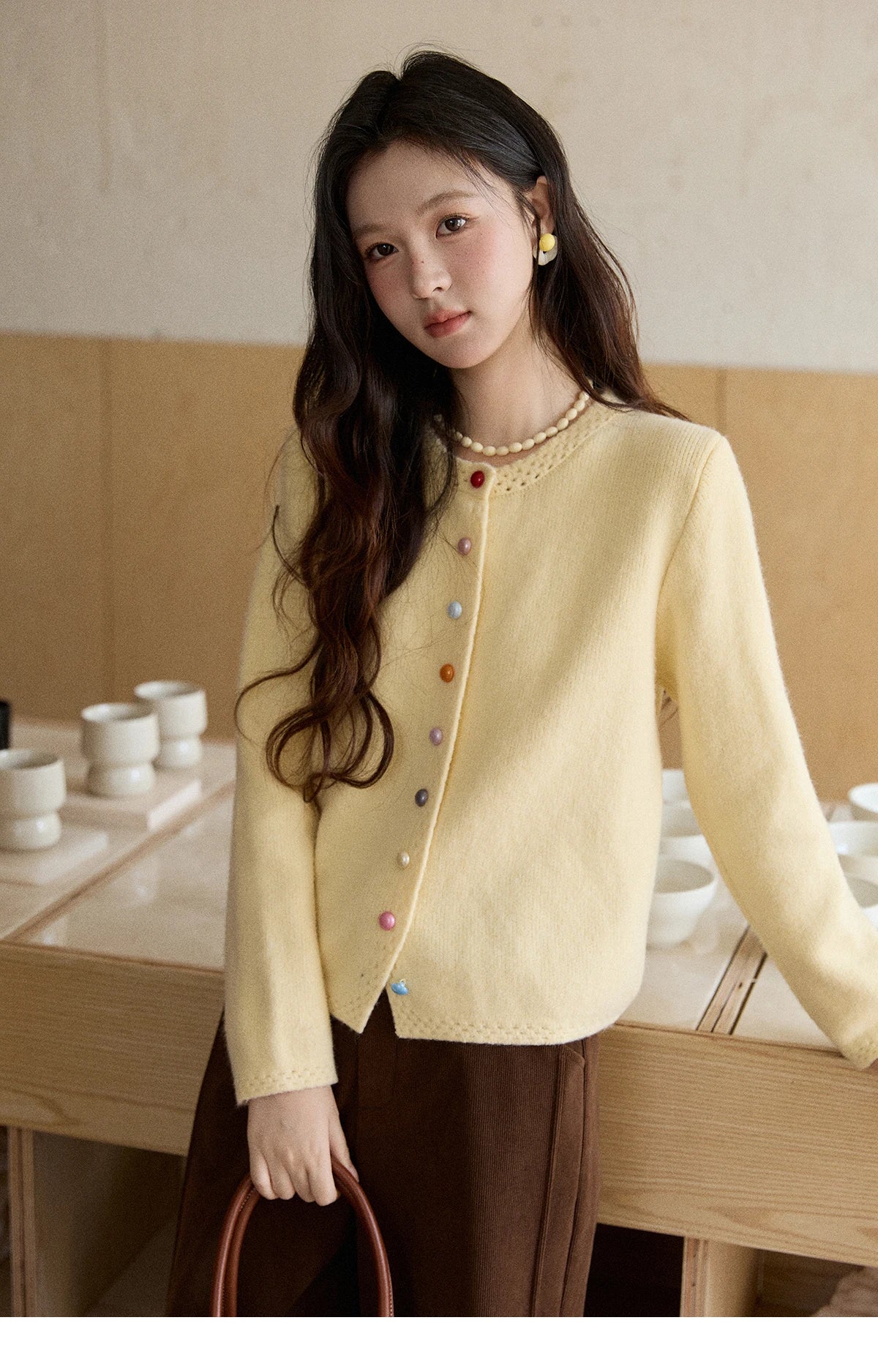 MISHOW Women's Cardigan 2025 Slim Fit Hollow Out Round Neck Rainbow Button Sweater French Style Solid Warm Knitwear MXE90Z2796