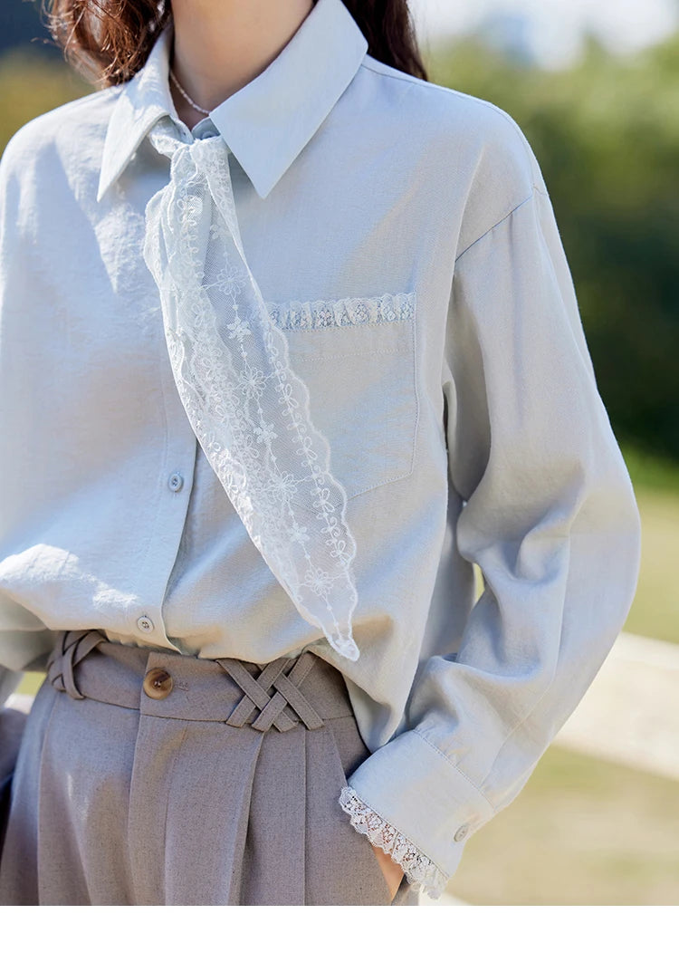 MISHOW French Spring Blouses Women 2025 New Long Sleeve Turn-down Collar Loose Shirts Female Fashion Lace Casual Tops MXE16C0760