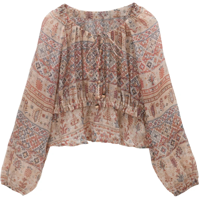 MISHOW Blouse Women 2025 National Style Printed Waist Round Neck Long-sleeved Top Commute Comfortable Autumn Blouse MXE47X2508