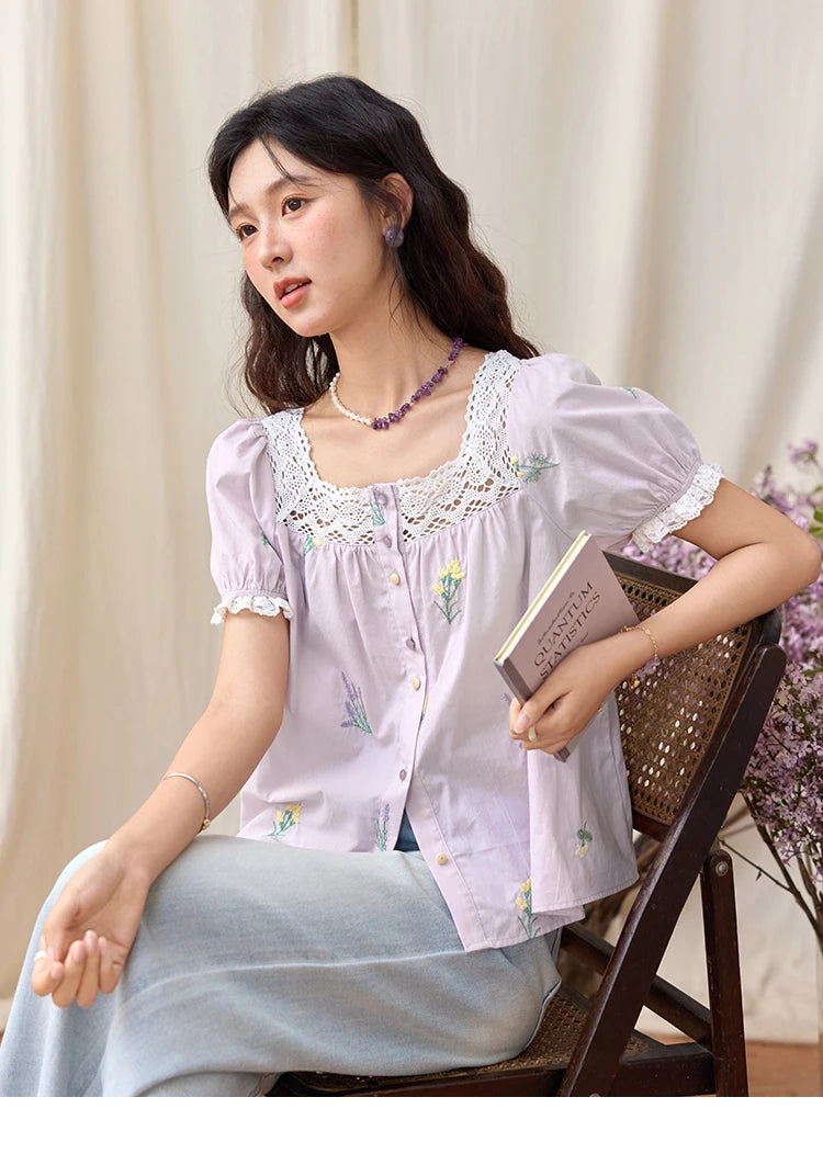MISHOW Women's Lace Patchwork Embroidered Blouses 2025 Summer Korean Elegant Square Collar Blouse Short Sleeved Tops MXE36X1830
