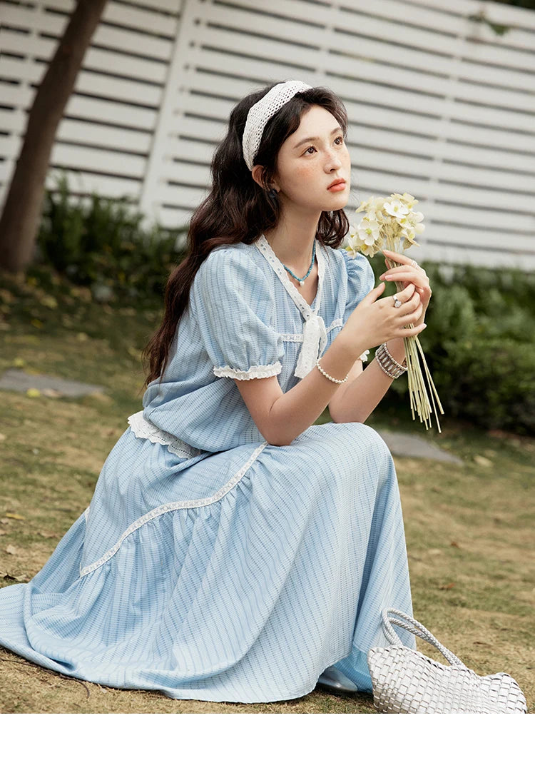 MISHOW Elegant Summer Skirts Sets Women 2025 Short Sleeve V-neck Tops Blue Stripe Lace A-line Skirt Woman Slimming MXE31T0531