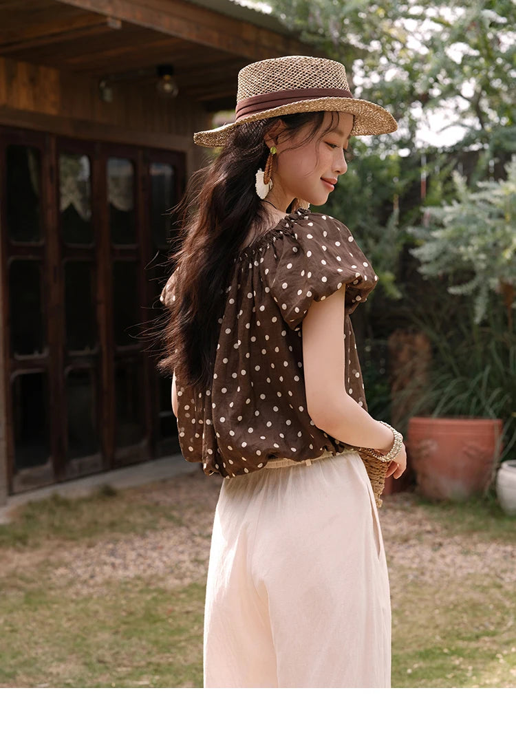 MISHOW Women's Two-Piece Set Fashion Polka Dot One Shoulder Puff Sleeve Blouse Summer 2025 Casual Wide Leg Pants Set MXE38T0683