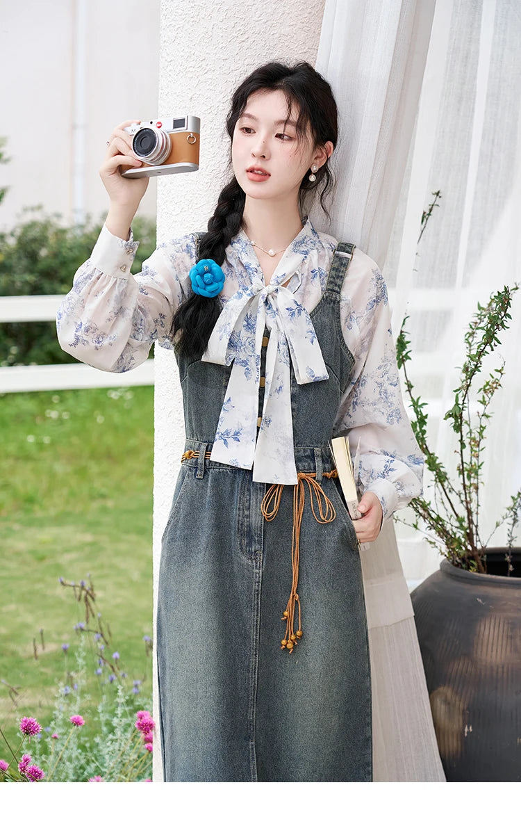 MISHOW Retro Denim Strap Dress for Women Spring Summer 2025 Symmetrical Diagonal Pockets Front Hem Slit Midi Dresses MXD14L1817