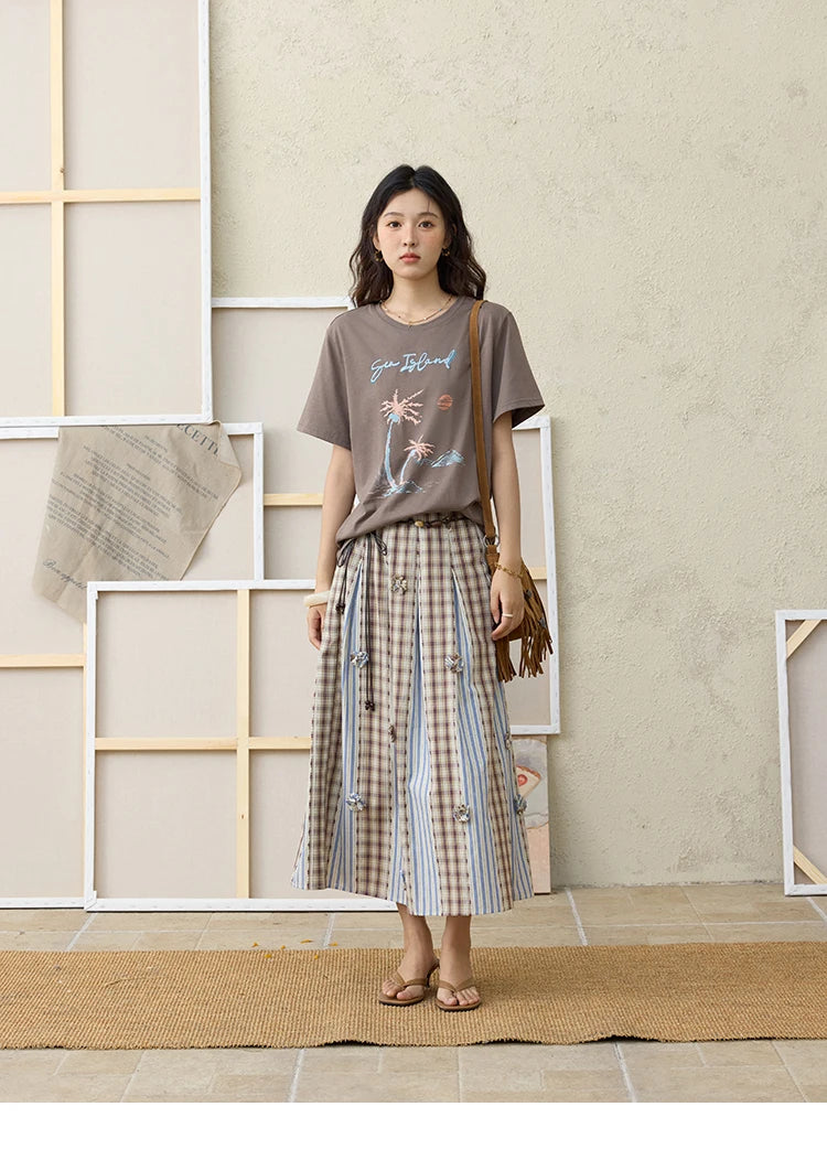 MISHOW Retro Plaid Patchwork Pleats Skirt Summer 2025 Versatile Flowers Slim Skirt A-LINE Skirts Excluding Waist Belt MXE35B0726