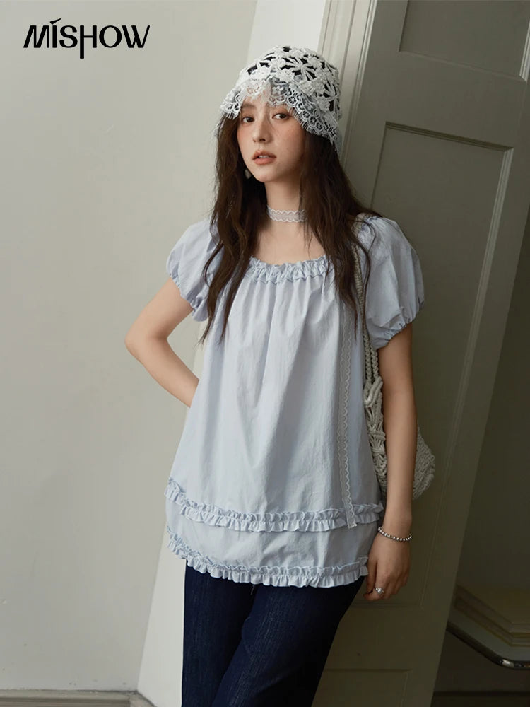 MISHOW Women's Fashion Puff Sleeve Blouse 2025 Summer Casual O-Neck Edible Tree Fungus Spliced Top Female Clothing MXE39X1929