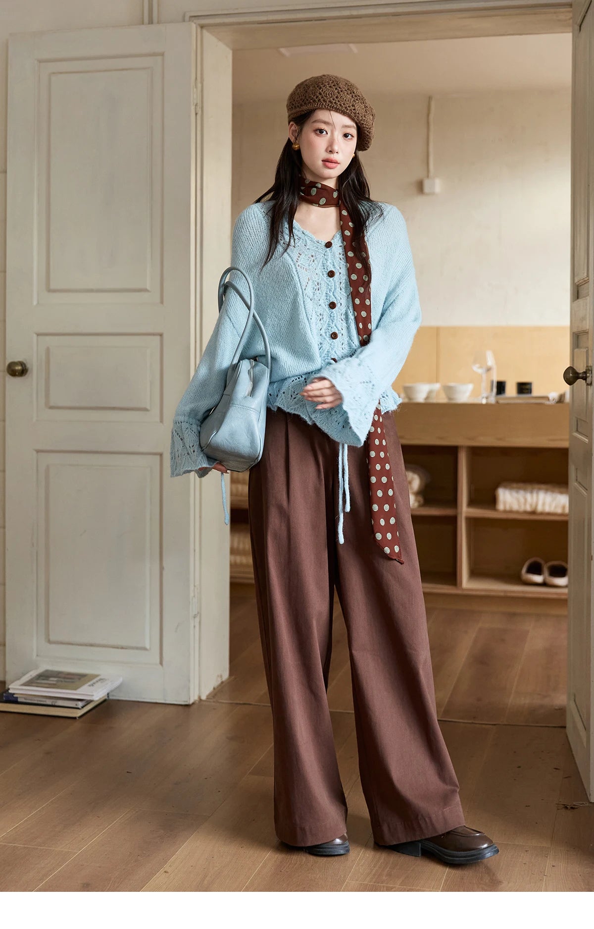 MISHOW Elegant Cardigan Women 2025 Autumn Design Hollow Knit Sweater V-neck Flared Sleeves Loose Casual Sweater MXE47Z2513