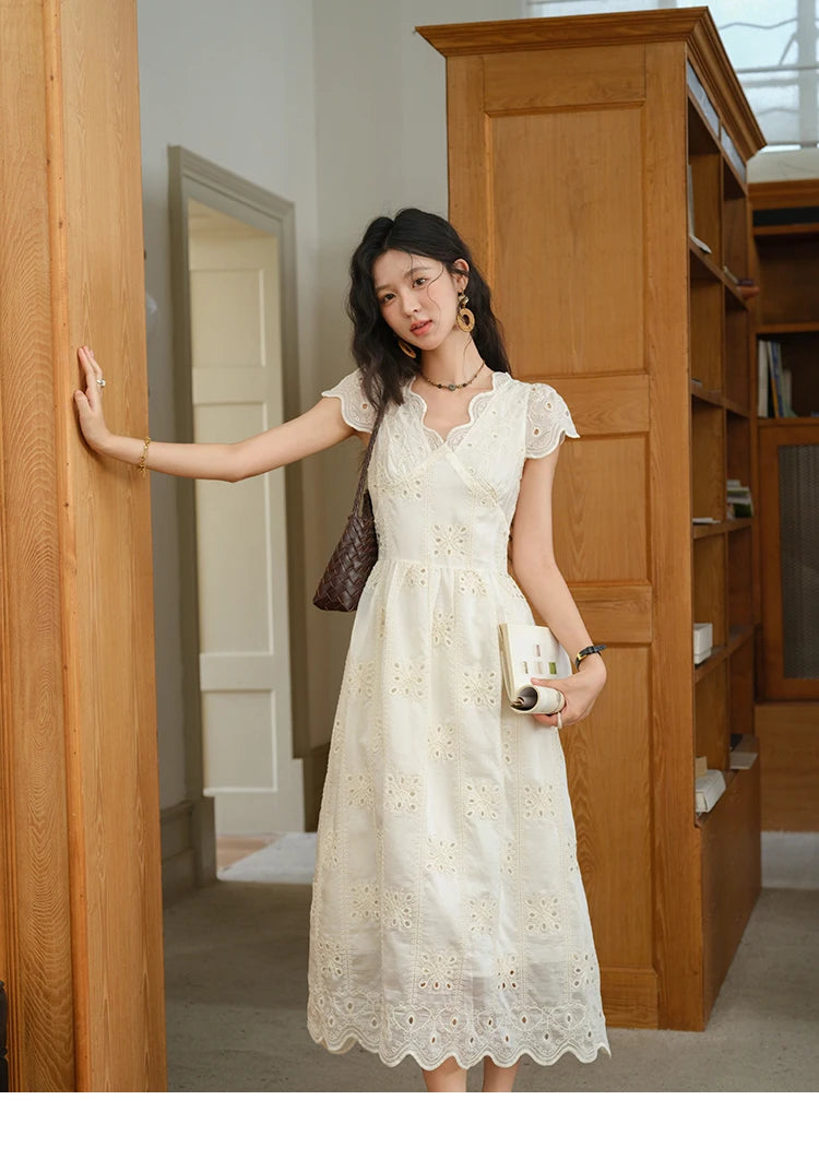 MISHOW Women's Flying Sleeve V-neck Hollow Dress 2025 Summer Embroidery A-line Dress Seaside Vacation Long Dresses MXE39L2404