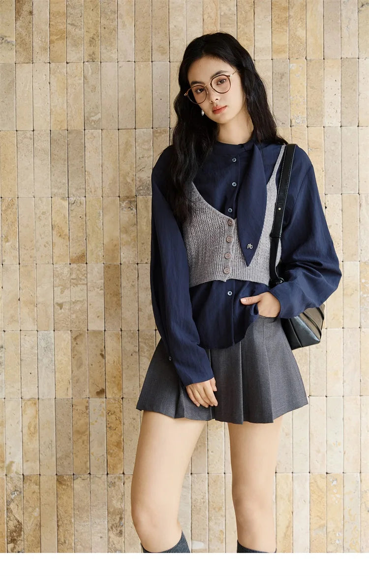 MISHOW Woman Shirt Set 2025 Autumn Fashion New Navy Blue Ribbon Design Layered Shirt Knit Camisole Two-piece Suit MXE47T1412