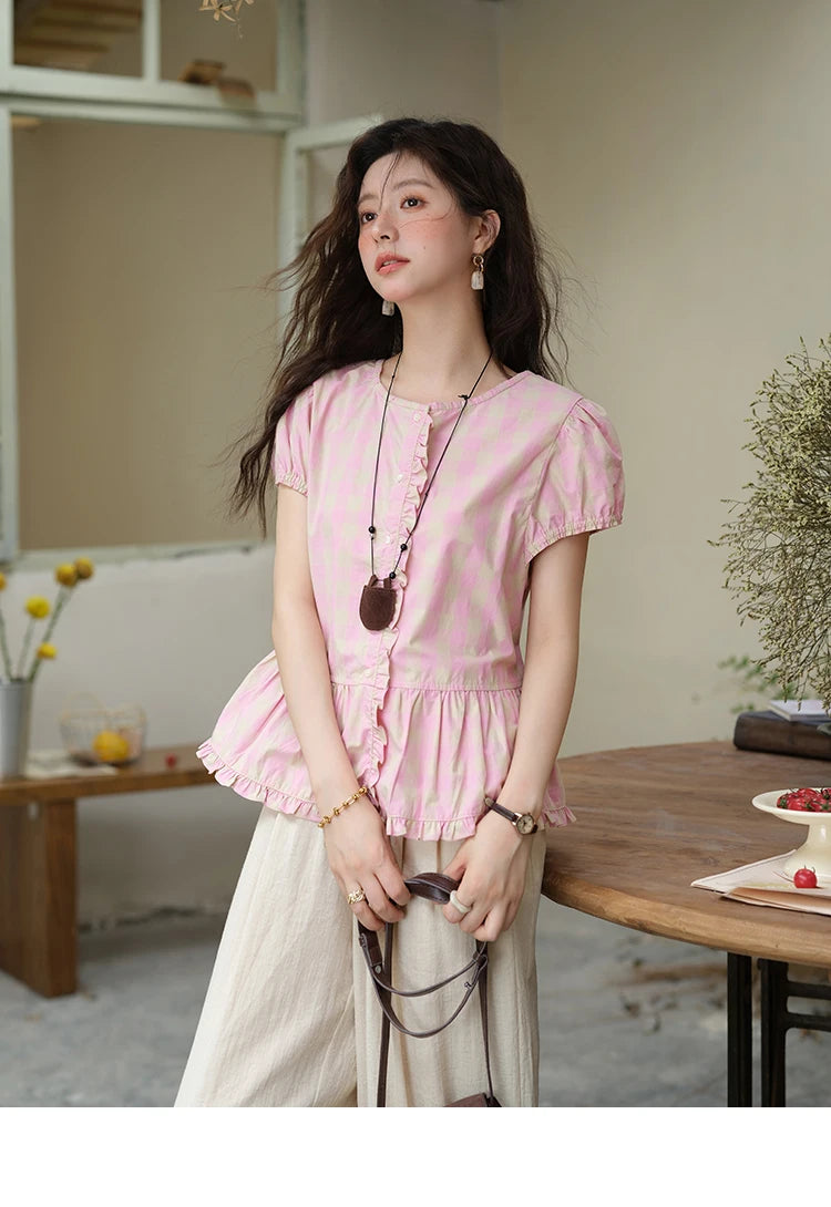 MISHOW Women's Puff Sleeve Plaid Button Shirt 2025 Summer New Fashion O-Neck Wood Ear Casual Shirt Cotton Pink Top MXE39X1932