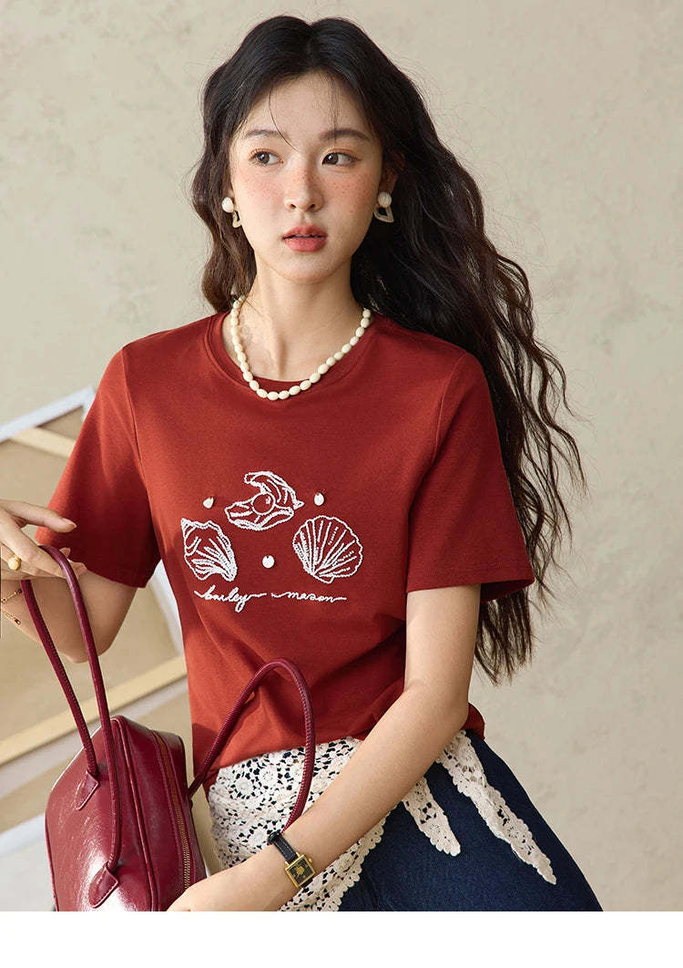 MISHOW Women's Shell Embroidered T-shirt 2025 Summer Short Sleeve Cotton Blend Tops Loose Slim Round Neck Casual Tees MXE34T0570